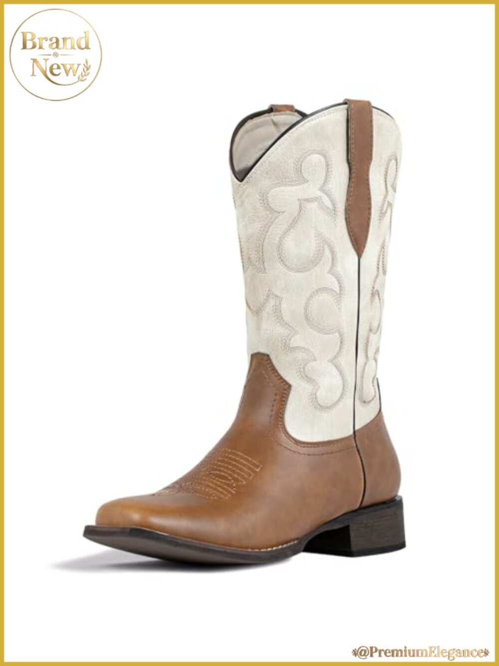 Square Toe Cowboy Boots Mid Calf Vegan Leather Pull Tabs
